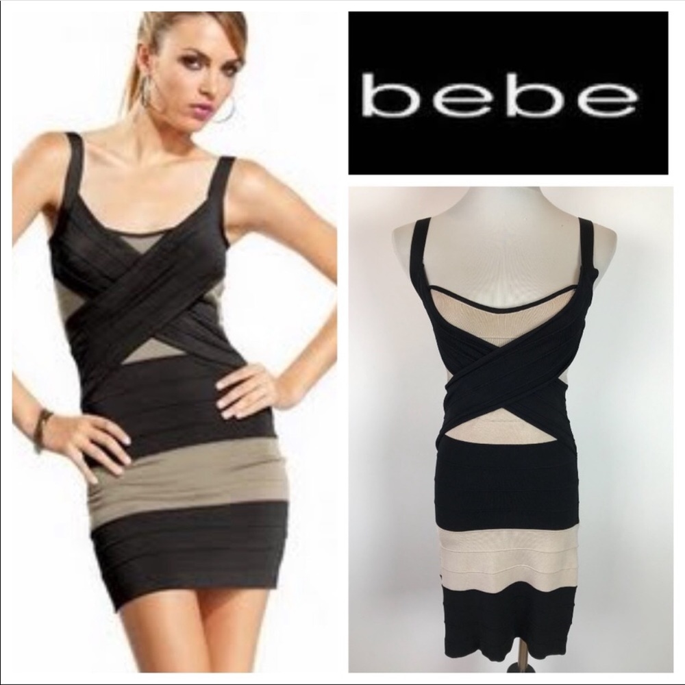Bebe Black+Tan Bandage Bodycon Dress Small - Picture 3 of 3
